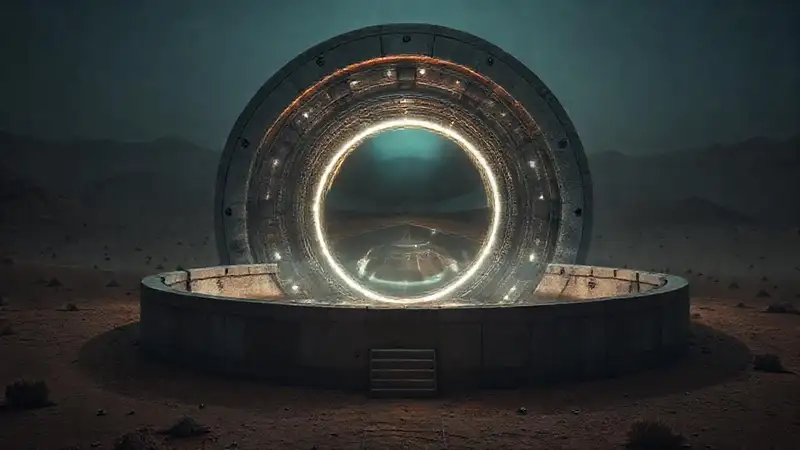 Estructura circular misteriosa en desierto futurista