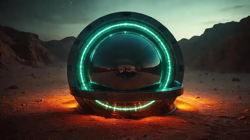 Estructura circular misteriosa en entorno futurista