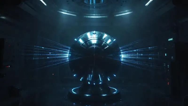Objeto metálico misterioso en recinto futurista