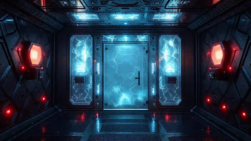 Cámara futurista con protección y patrones misteriosos