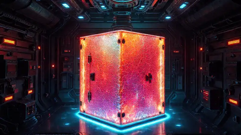 Cámara de contención futurista con cubo brillante