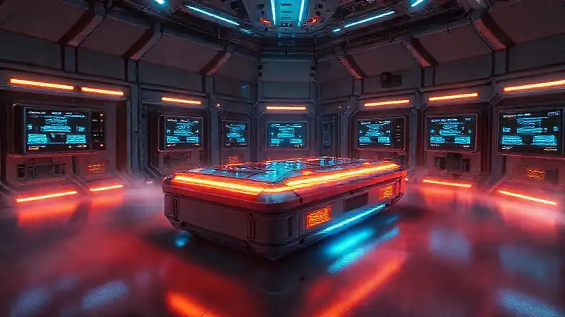 Aparato futurista y misterioso en entorno industrial