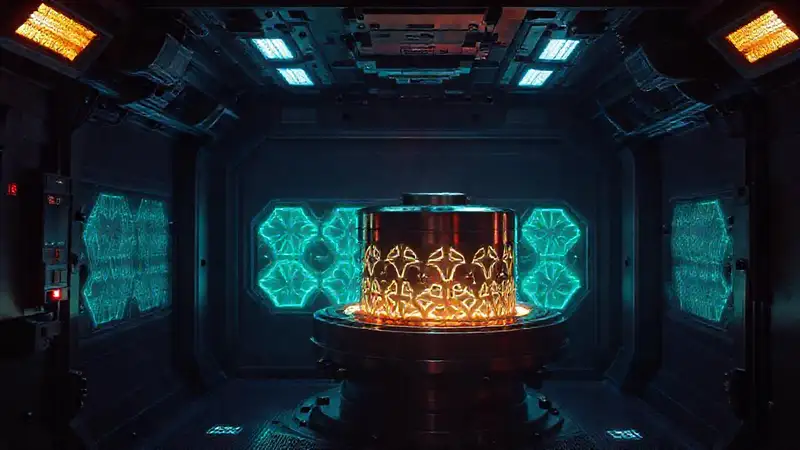 Cámara de contención con artefacto brillante futurista