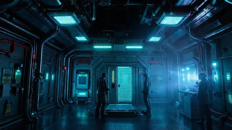 Laboratorio futurista con estructura metálica protegida