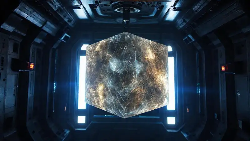 Cristal misterioso en cámara futurista y arqueológica