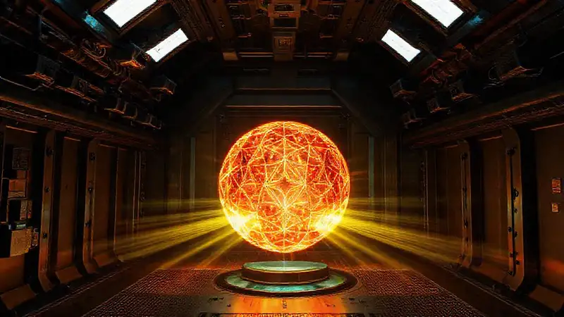 Esfera luminosa en entorno futurista y peligroso