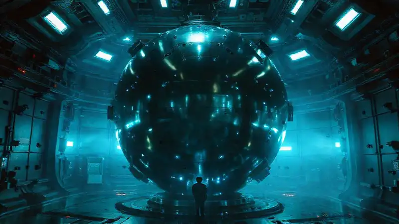 Esfera metálica brillante en cámara futurista