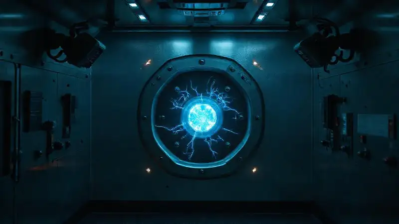 Habitación de contención futurista con objeto misterioso