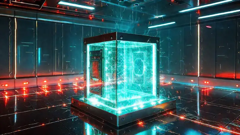 Cubo metálico en cámara de energía futurista