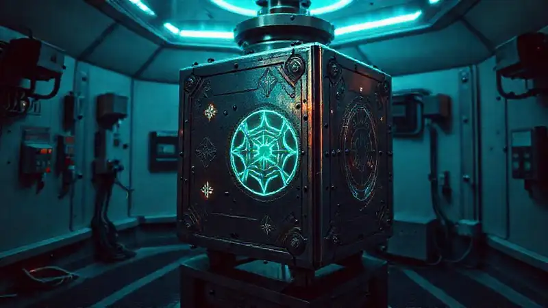 Cubo metálico misterioso en entorno técnico y seguro