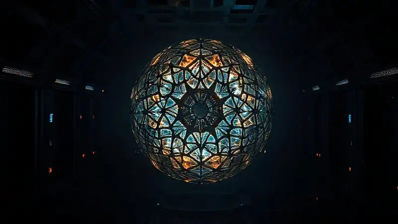 Esfera metálica fractal con energía luminosa misteriosa