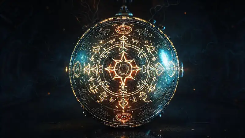 Esfera metálica misteriosa con símbolos y energía