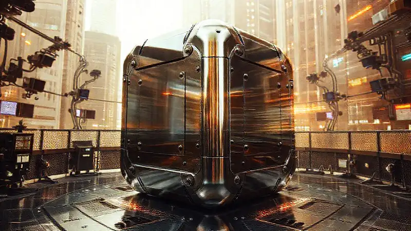 Cubos metálicos futuristas en entorno urbano