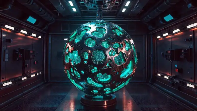 Esfera fractal brillante en sala de alta seguridad