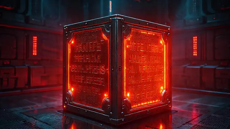 Cubo metálico misterioso con inscripciones brillantes