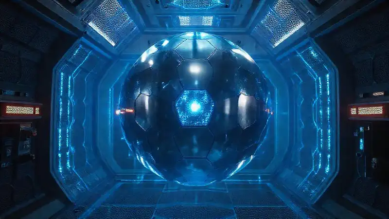 Esfera metálica flotante en entorno futurista