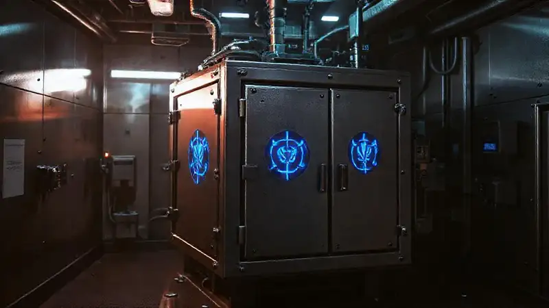 Cuadro metálico con símbolos azules y seguridad