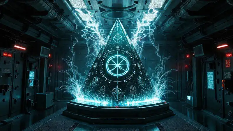 Prisma misterioso en cámara de energía futurista
