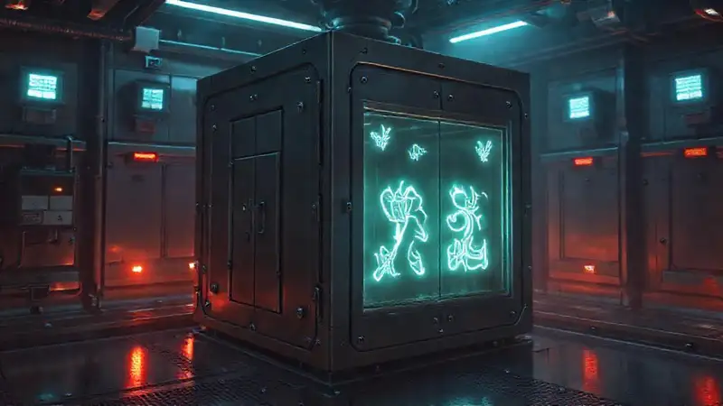 Cubo metálico con runas y energía misteriosa