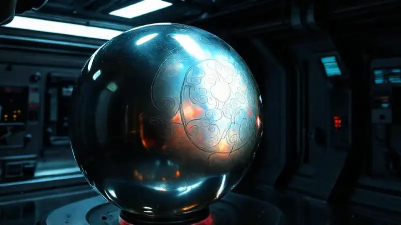 Esfera metálica brillante en laboratorio misterioso
