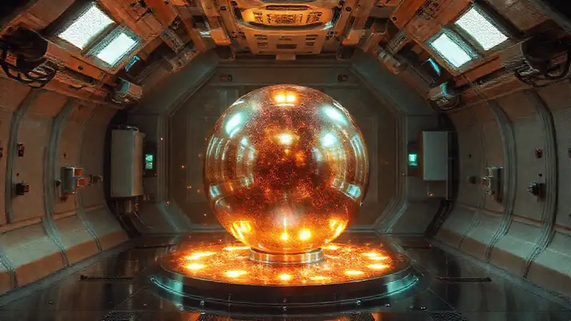 Esfera iridiscente en cámara de alta tecnología