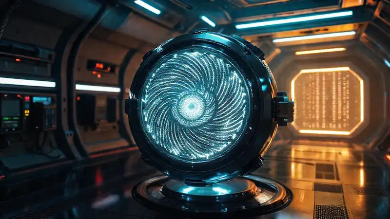 Esfera metálica luminosa en cámara futurista
