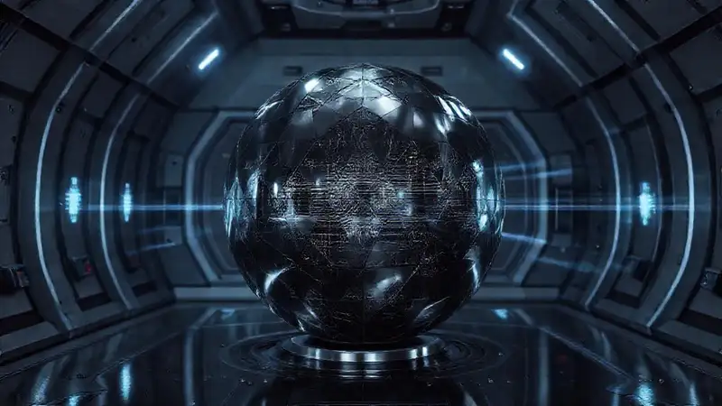 Esfera metálica en cámara futurista misteriosa