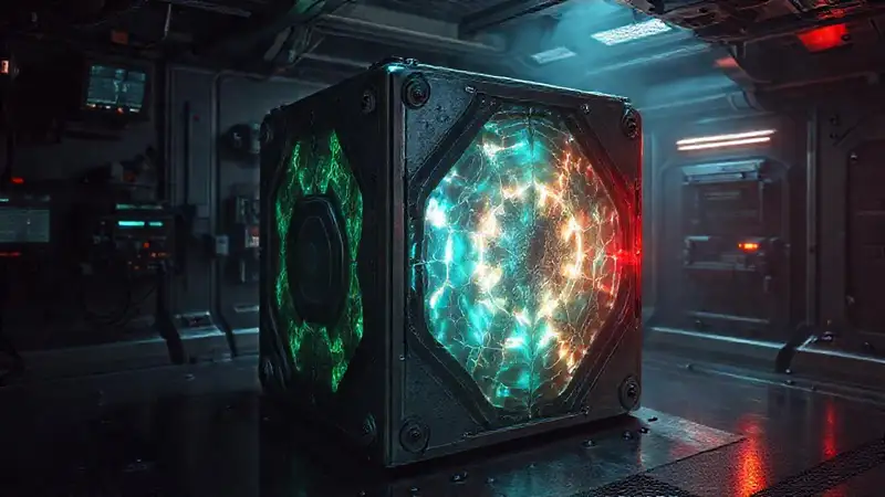 Objeto cúbico misterioso en entorno de alta tecnología