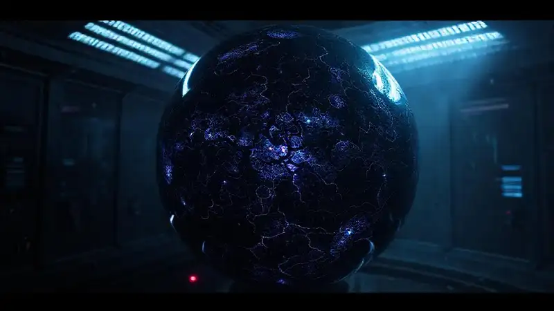 Esfera negra misteriosa en entorno futurista