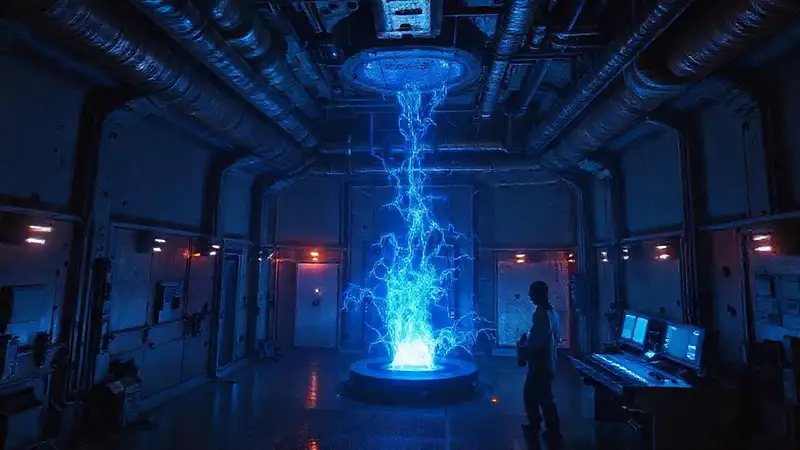 Entidad energética azul en contención futurista segura