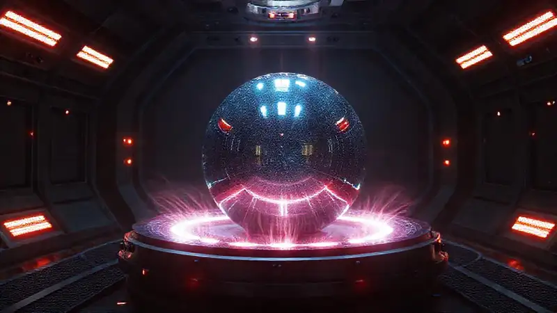 Esfera metálica brillante en entorno futurista seguro