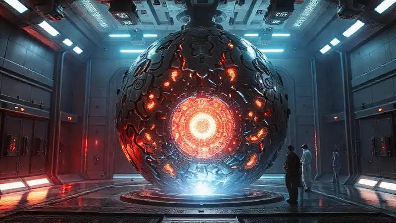 Esfera metálica fractal con núcleo brillante y seguridad