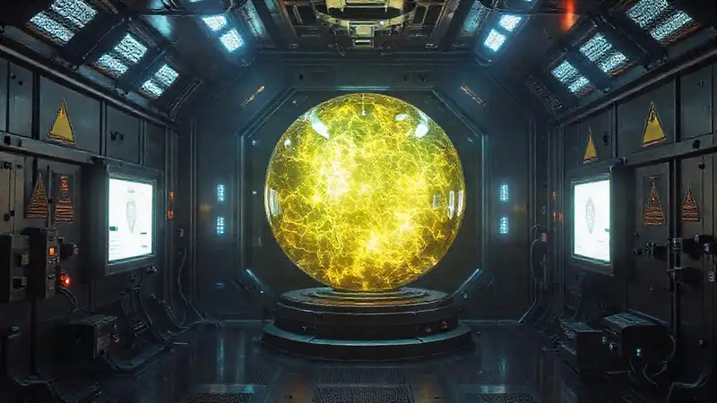Esfera energética misteriosa en laboratorio futurista