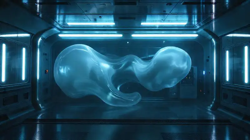 Cápsula futurista con masa amorfa luminosa y distorsión