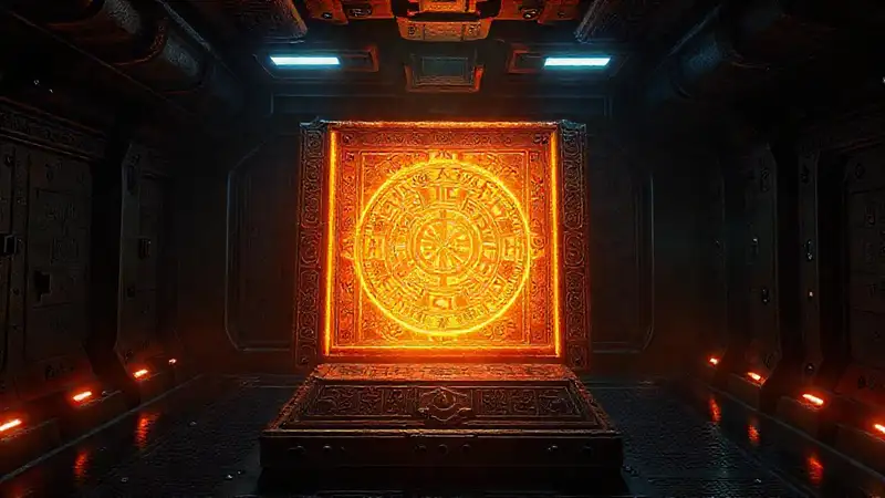 Artefacto antiguo con energía y símbolos misteriosos