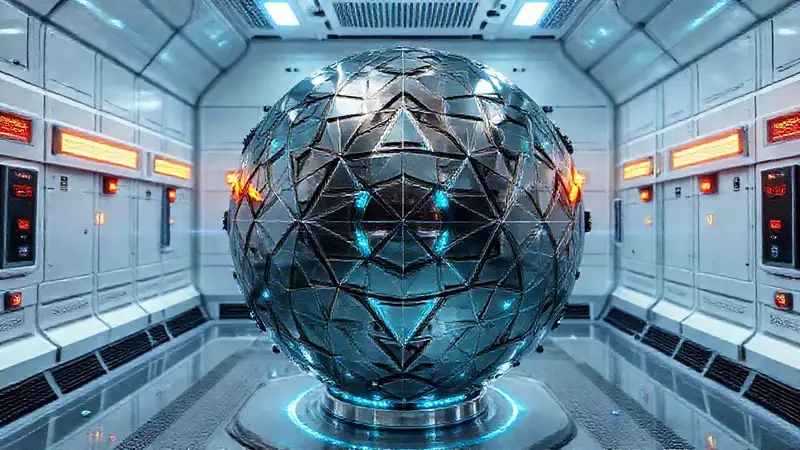 Esfera metálica con patrones en entorno futurista