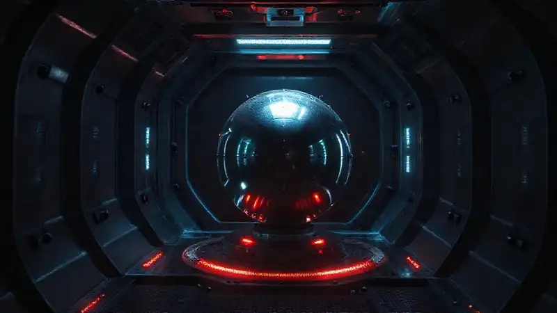 Cápsula misteriosa con pulsos y tecnología avanzada