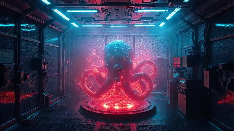 Cuarto de contención futurista con energía misteriosa