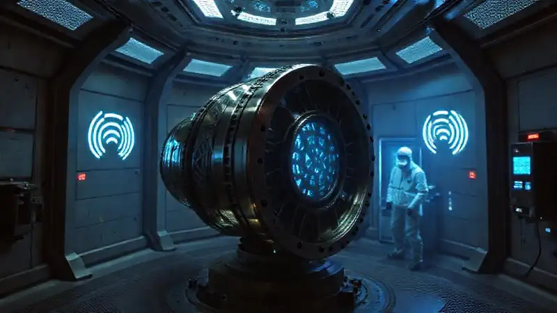 Escenario futurista con artefacto metálico misterioso