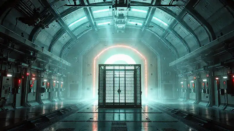 Recinto futurista con protección y ambiente misterioso