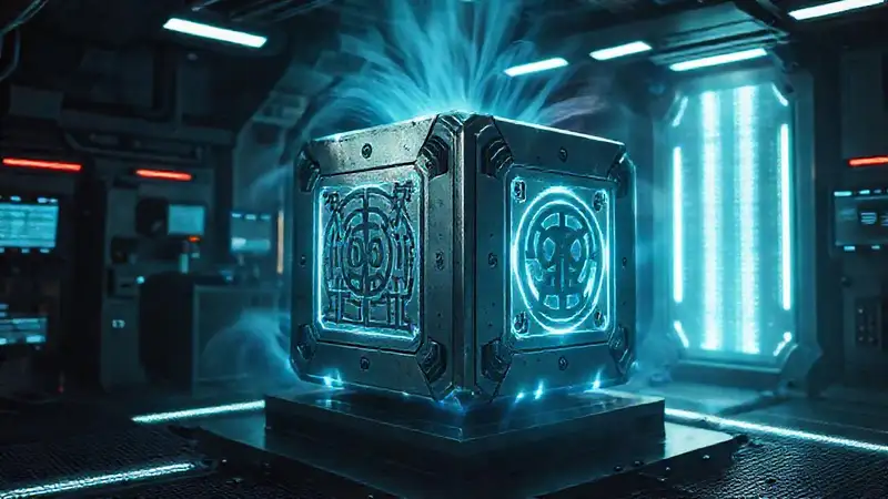 Cubo metálico misterioso en cámara futurista