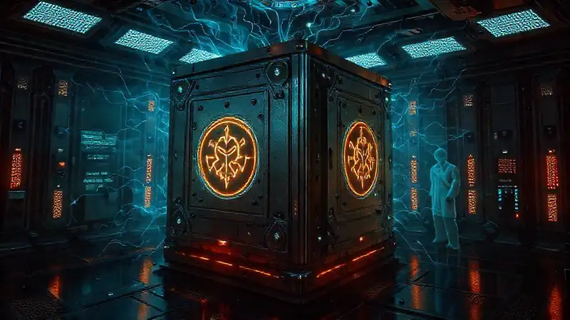 Cubo metálico misterioso en laboratorio futurista