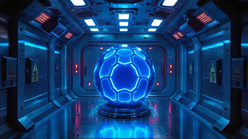 Cápsula tecnológica futurista con objeto brillante