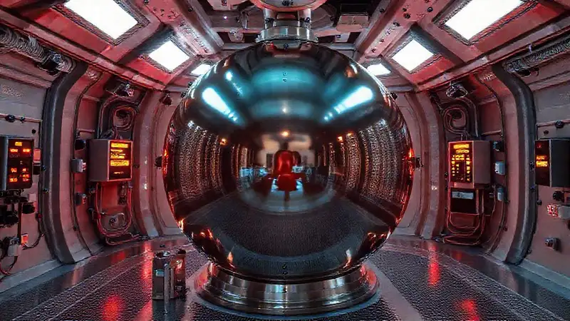 Esfera metálica en sala de alta tecnología