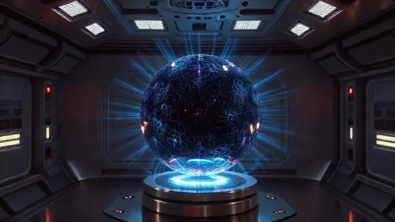 Esfera iridiscente en contenedor futurista seguro