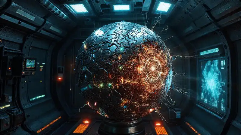 Esfera metálica misteriosa en cámara futurista