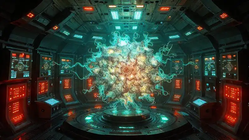 Objeto fractal brillante en cámara futurista