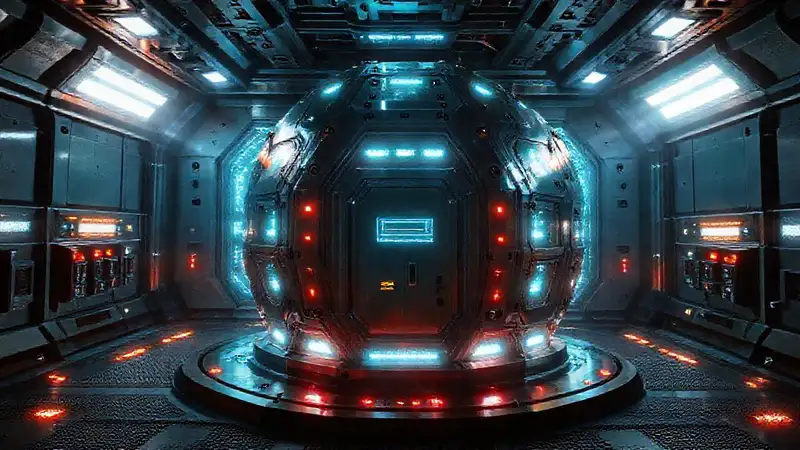 Estructura metálica futurista con energía luminosa