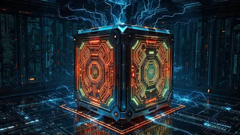 Cubo futurista con energía y campos electromagnéticos