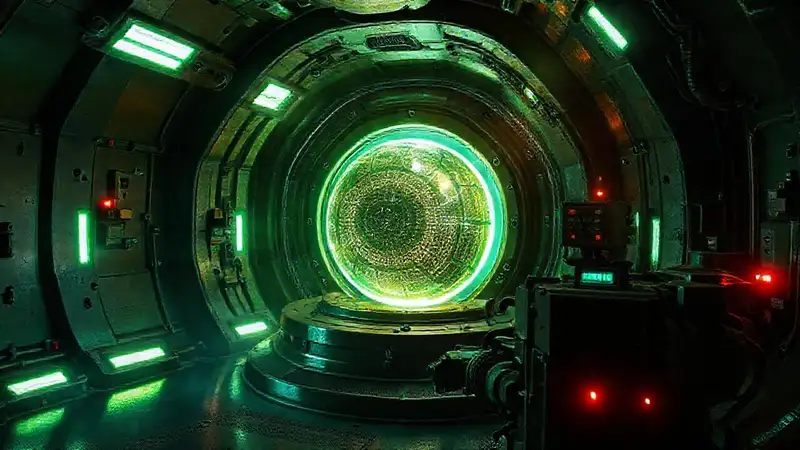 Cámara futurista con núcleo brillante y misterioso